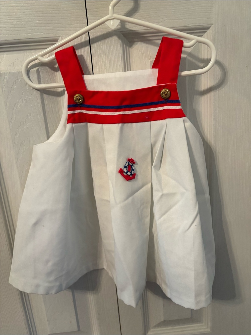 Vintage Little Evie Nautical-Inspired White Pinafore Dress with Red Trim-3T
